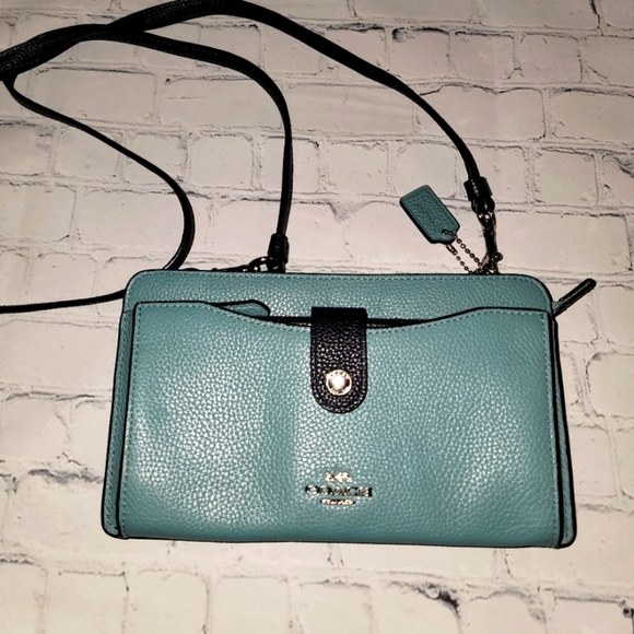 Coach Handbags - Coach Dusty Blue and Black Leather Sling Crossbody Wallet Purse